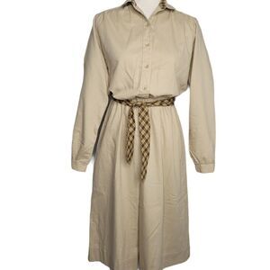 VINTAGE 70s/80s shirt dress‎  tan collared button up S